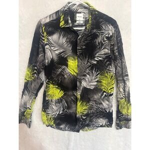 Tanjim Mens Medium Button Up Shirt Black Palm‎ Leaf Print Slim Fit